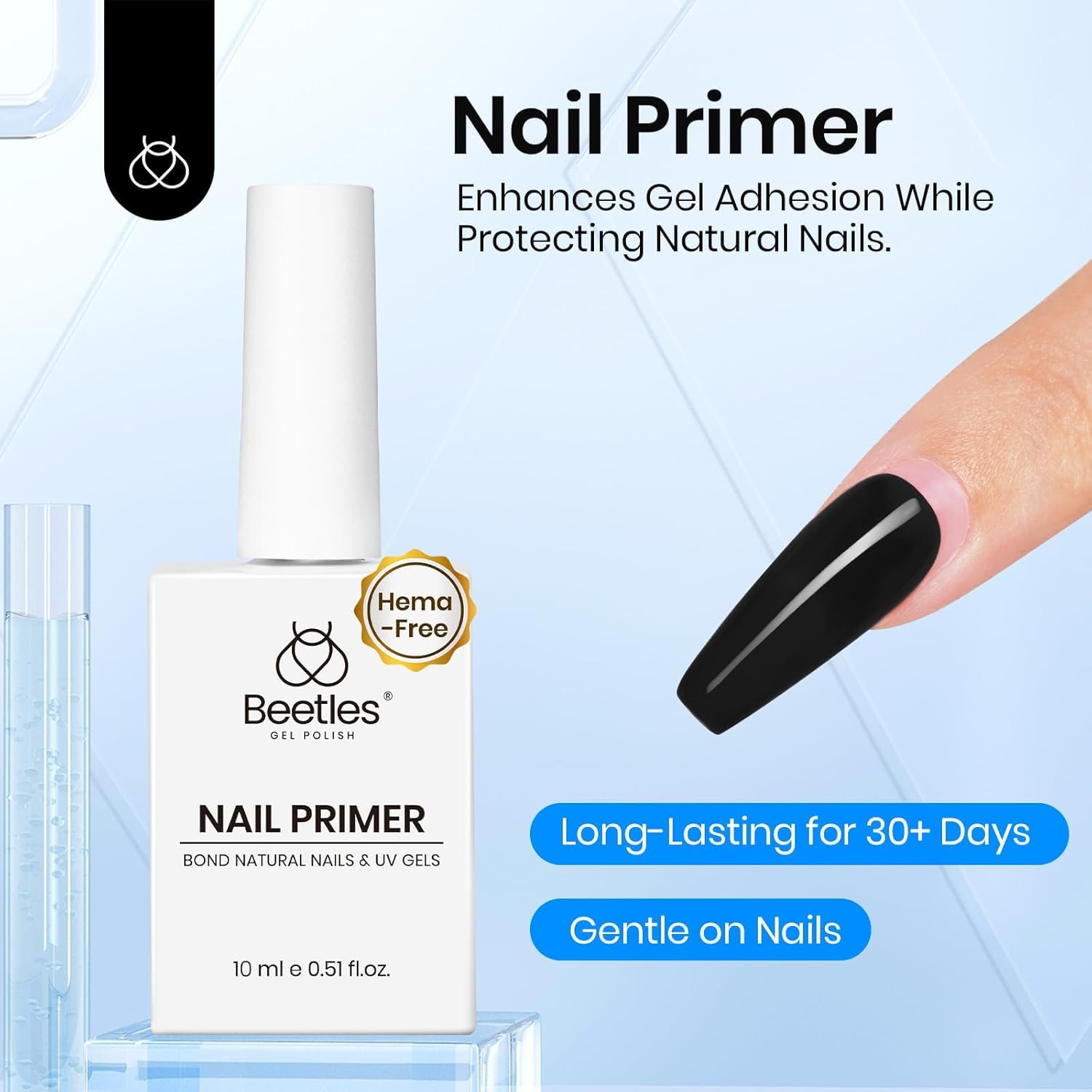Beetles 10ml gel nail glue bottle closeup highlights precision bonding.