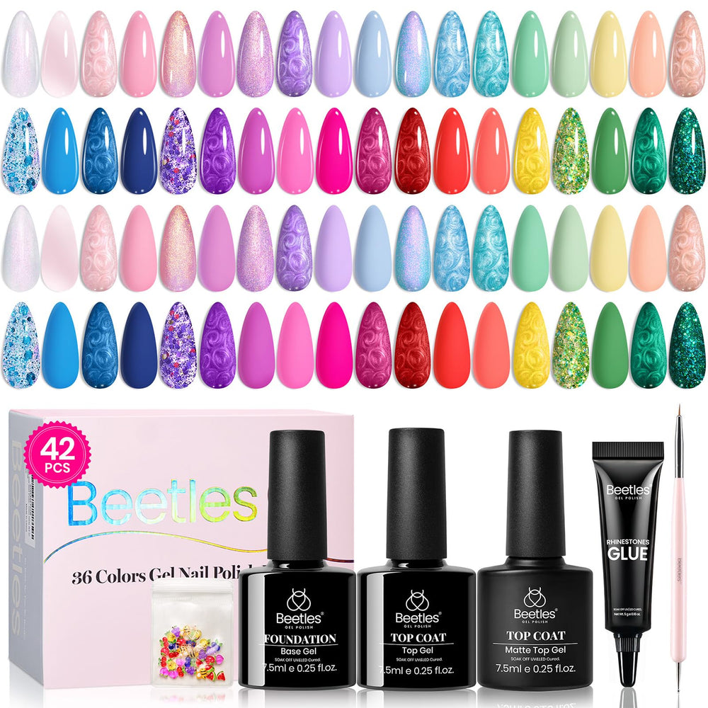 Beetles 36-color gel polish set packshot showing versatile manicure options.