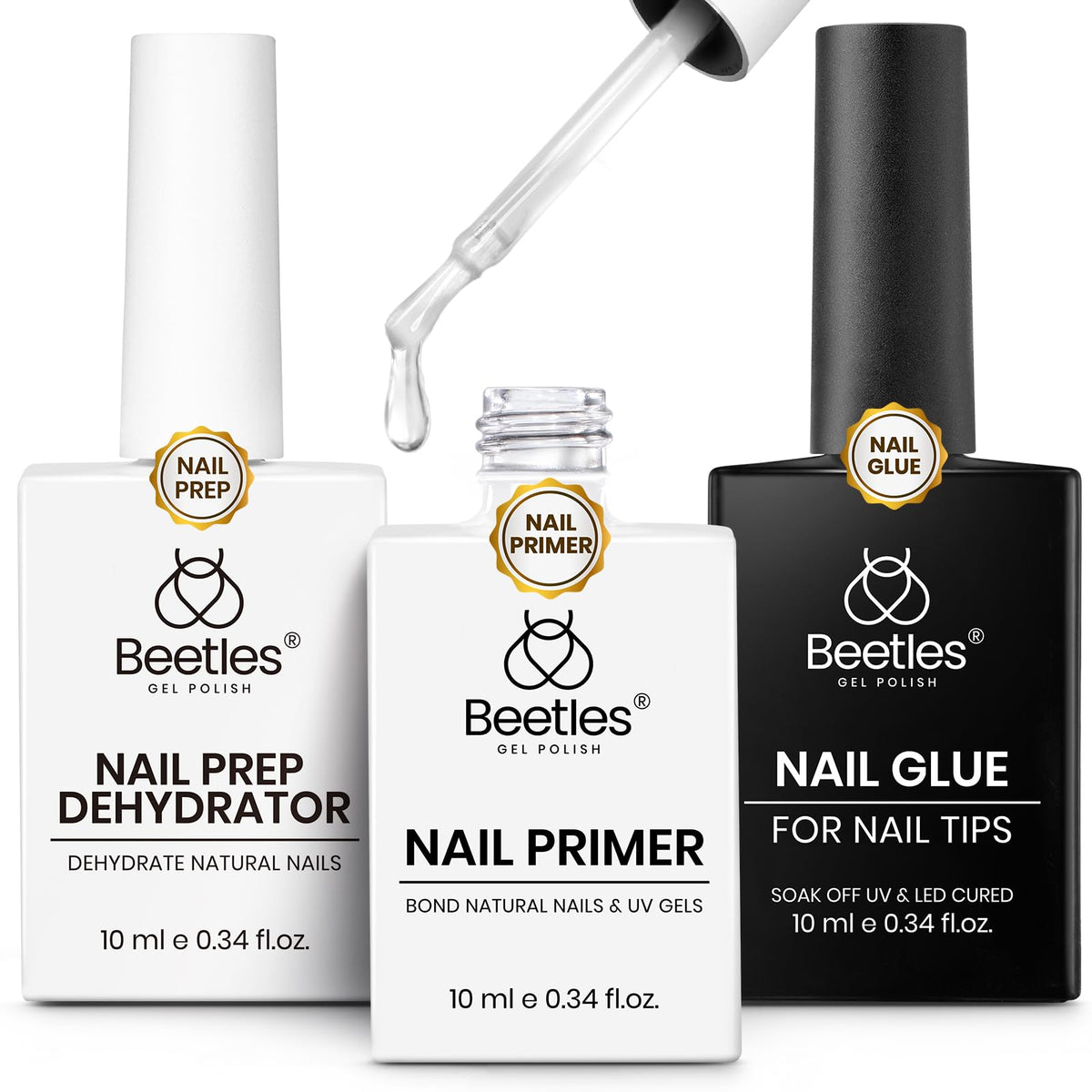 Beetles 3Pcs Gel Nail Glue Dehydrator Primer Set bundle shown for durable adhesion.
