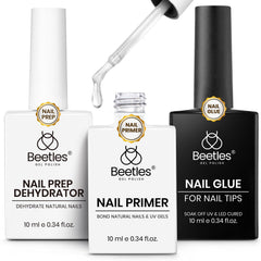 Beetles 3Pcs Gel Nail Glue Dehydrator Primer Set bundle shown for durable adhesion.