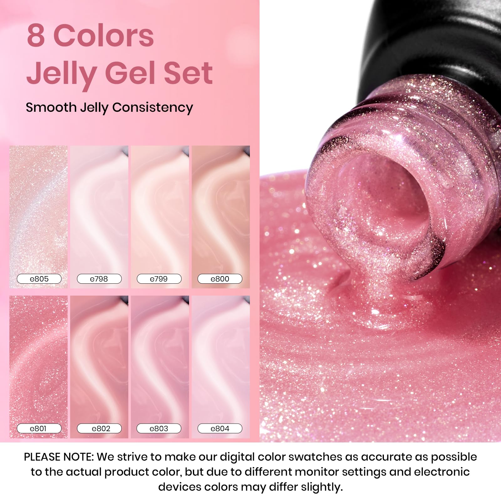 Beetles 8-colors nude pink jelly gel display suggests versatile manicure options.