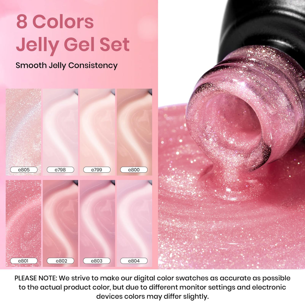 Beetles 8-colors nude pink jelly gel display suggests versatile manicure options.