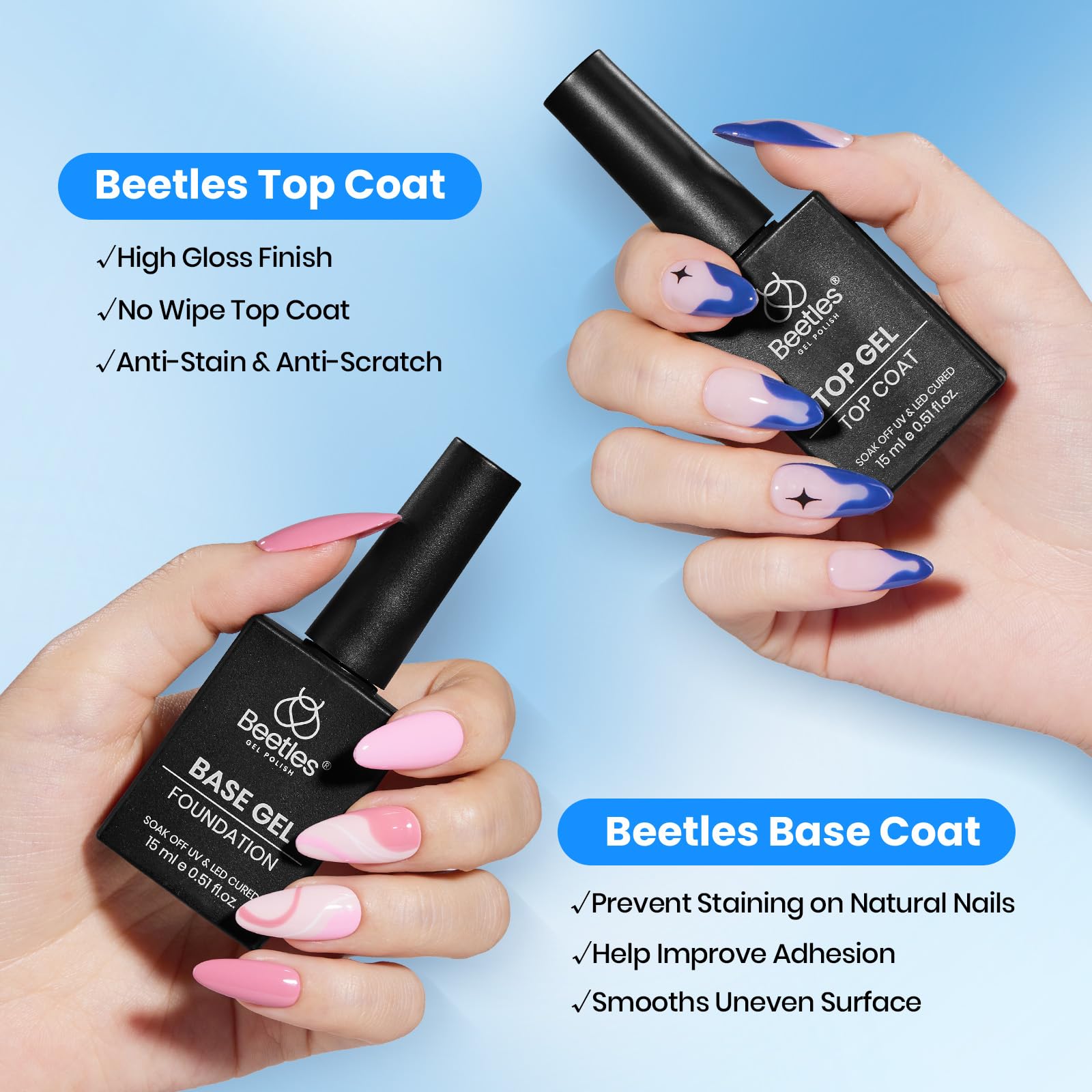 Beetles acid-free and HEMA-free formula close-up, safer nail prep.