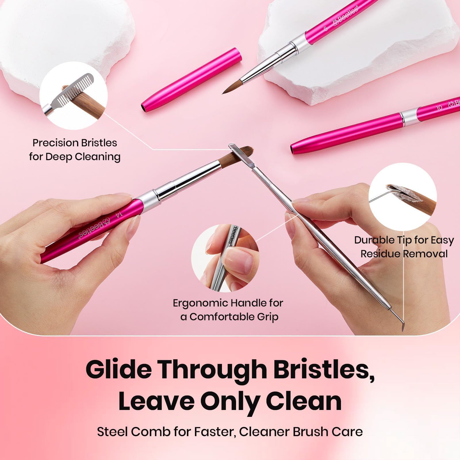 Beetles Rose pink-design handle brush with ergonomic grip.