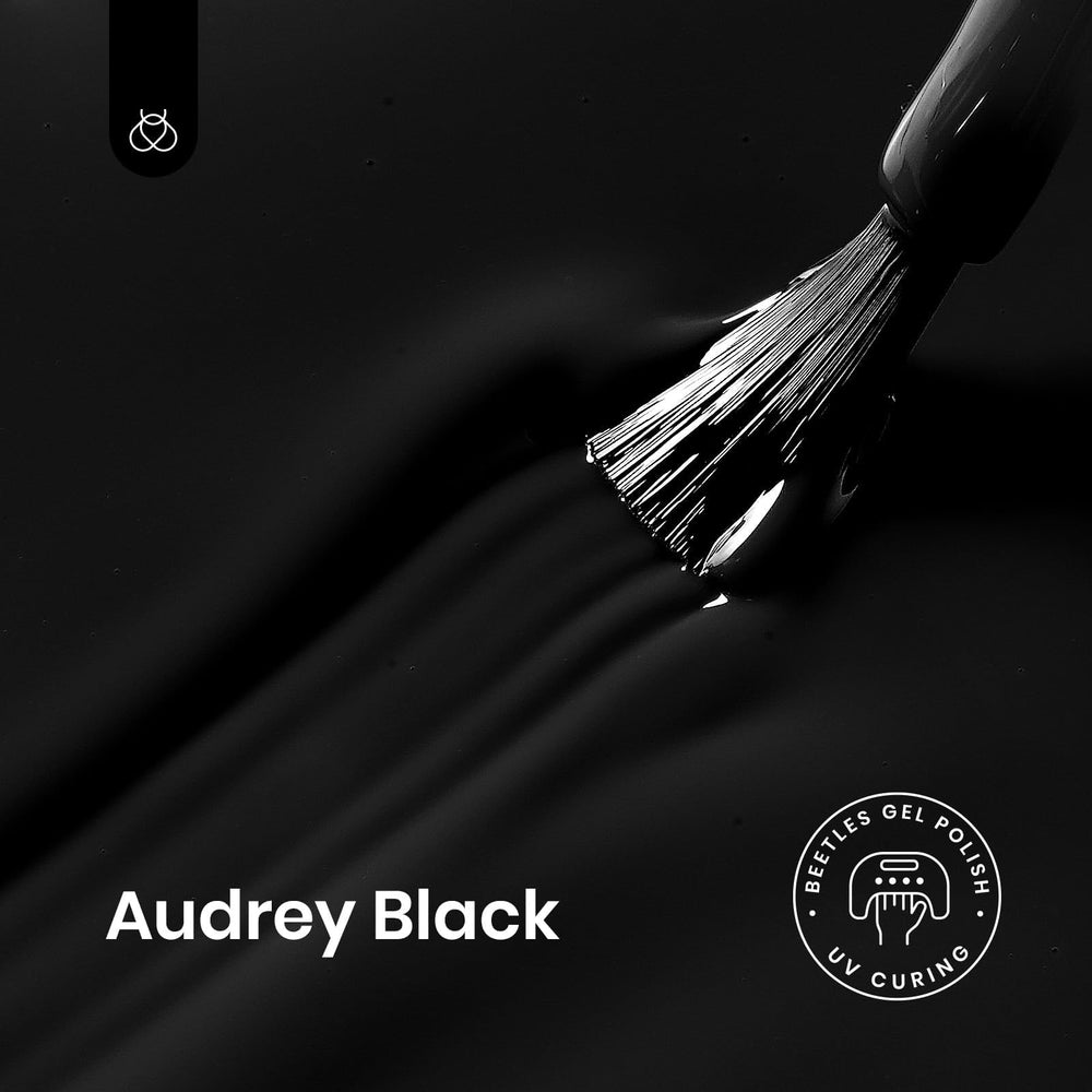 Beetles Audrey Black gel polish swatches show deep black color and shine.