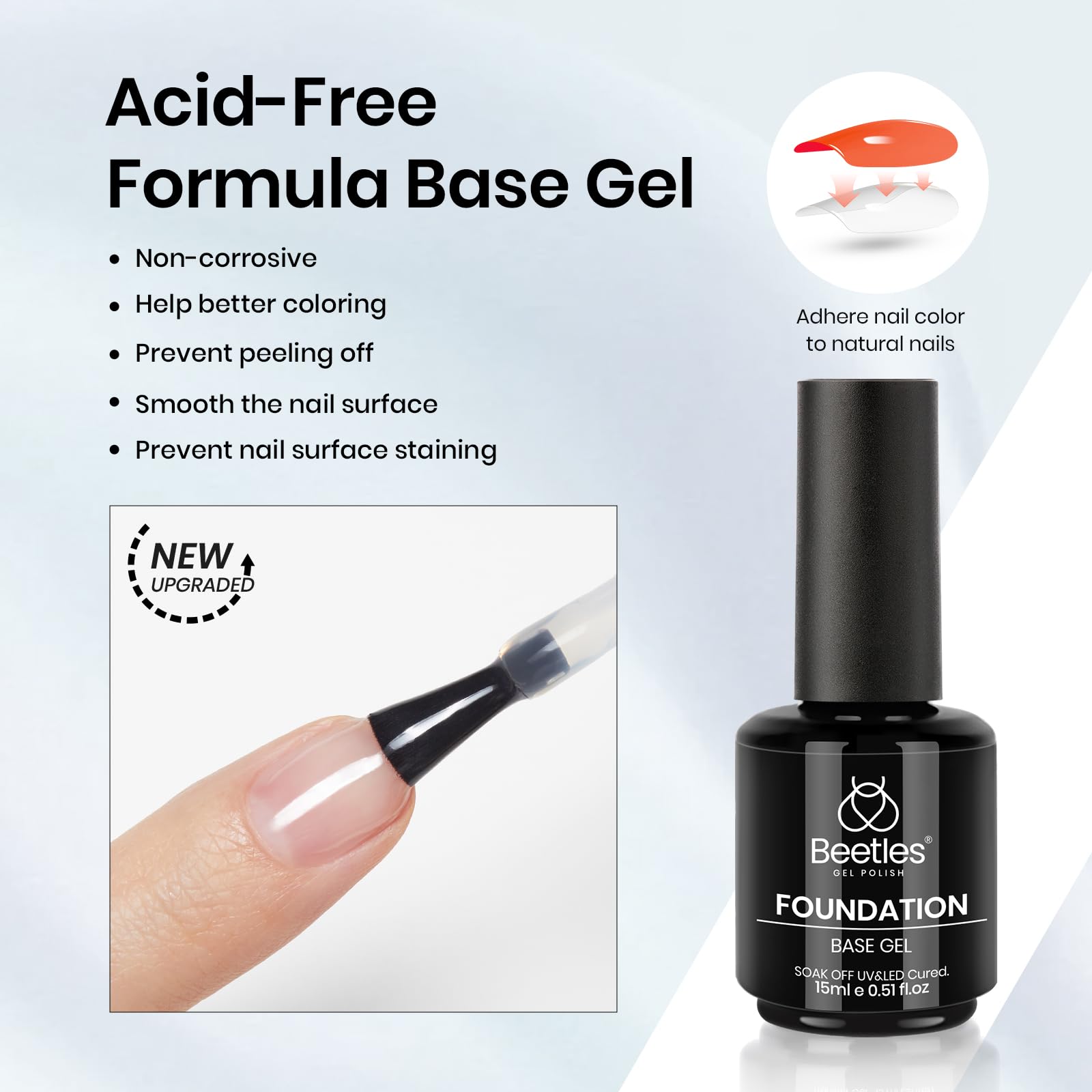 Beetles Base Coat bottle 15ml demonstrates strong adhesion and even color foundation.