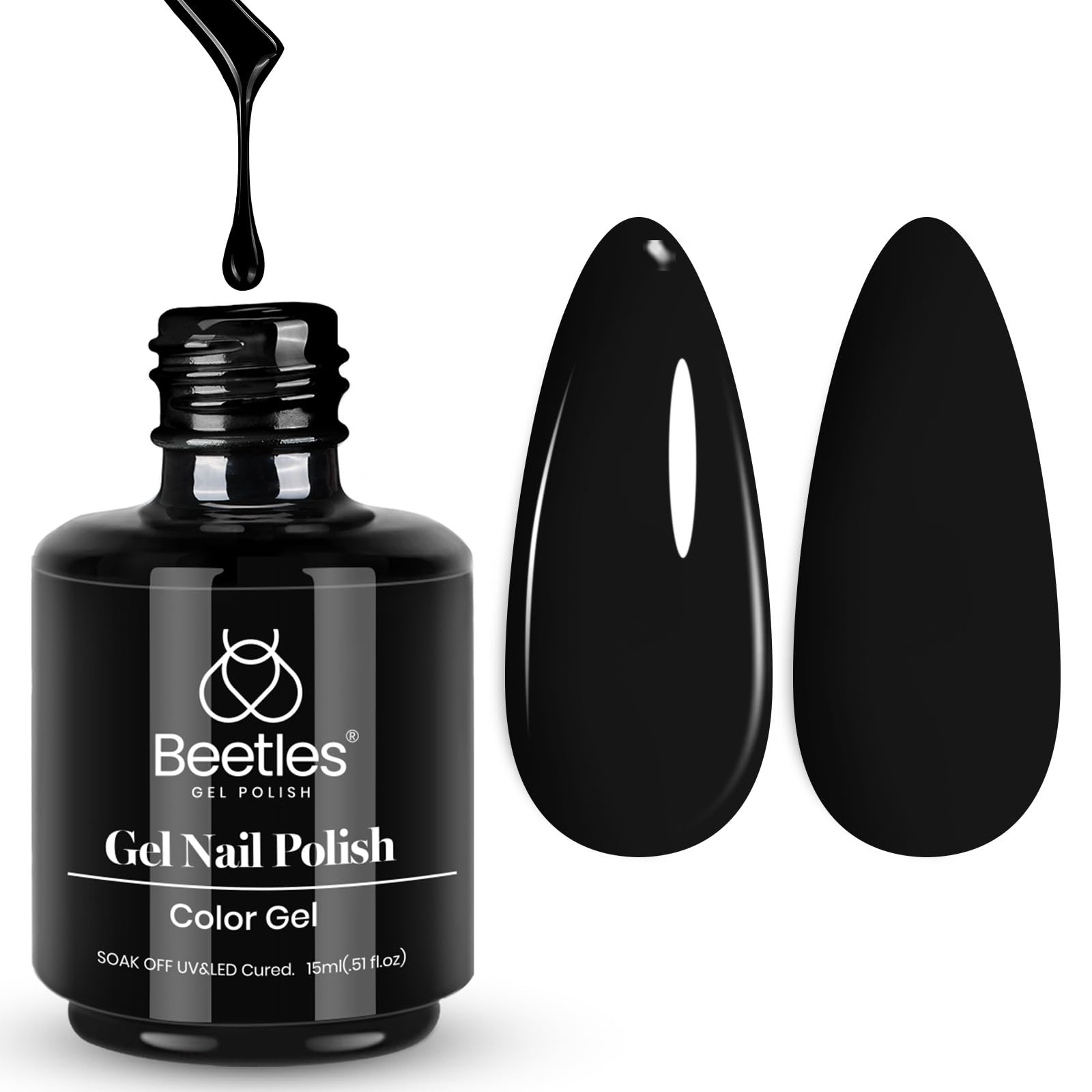 Beetles Audrey Black gel polish bottle closeup with glossy finish for lasting nails.