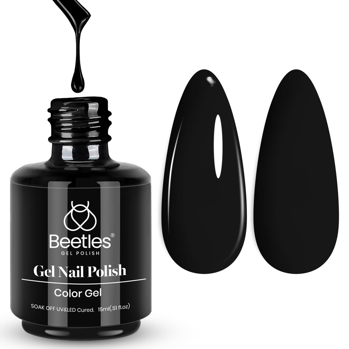 Beetles Audrey Black gel polish bottle closeup with glossy finish for lasting nails.