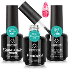 Beetles Blooming Gel Base Top Coat Set packaging showing all three bottles for versatile nails