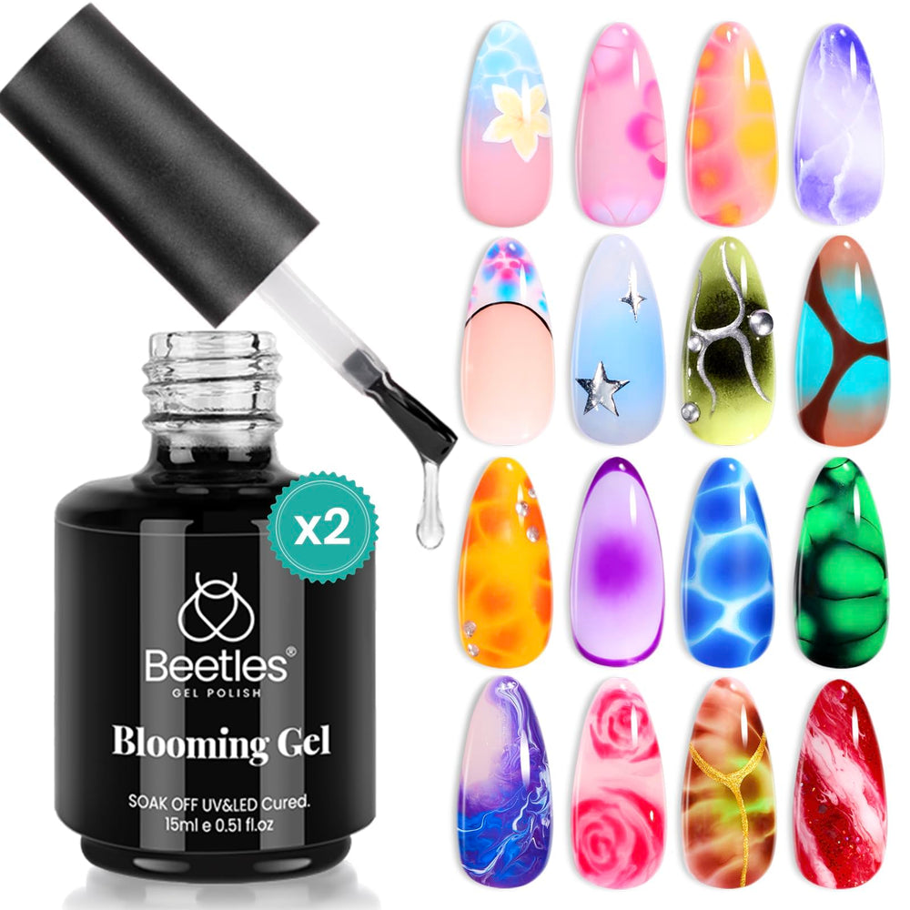 Beetles Blooming Gel clear bottle front shows crisp blooming nail art