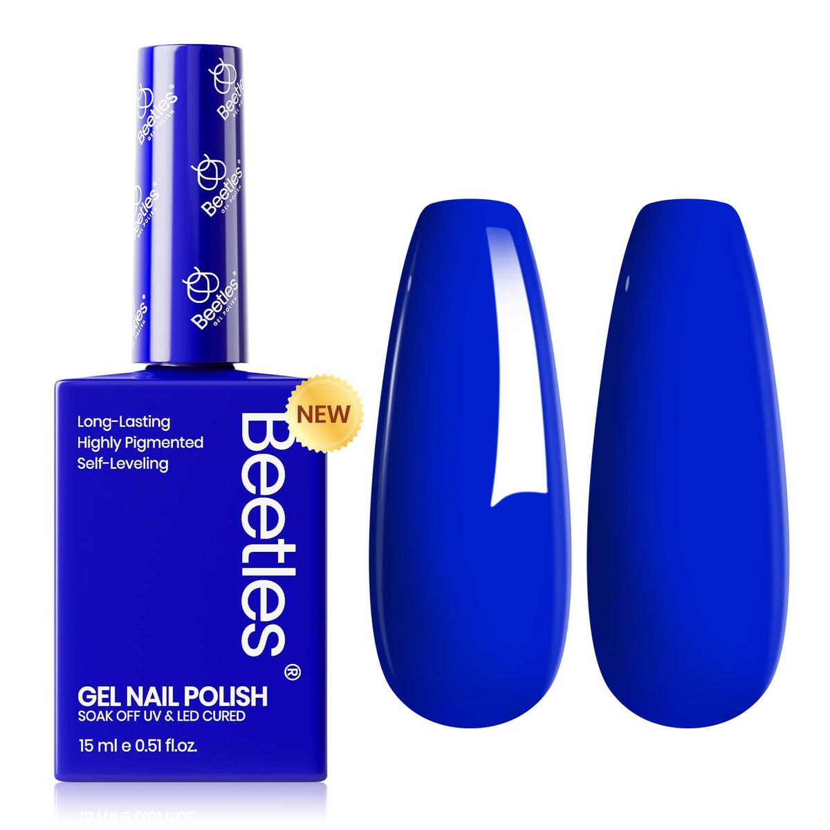 Beetles Blue Gel Nail Polish bottle shows royal blue shade for bold at-home manicures with long-lasting gloss