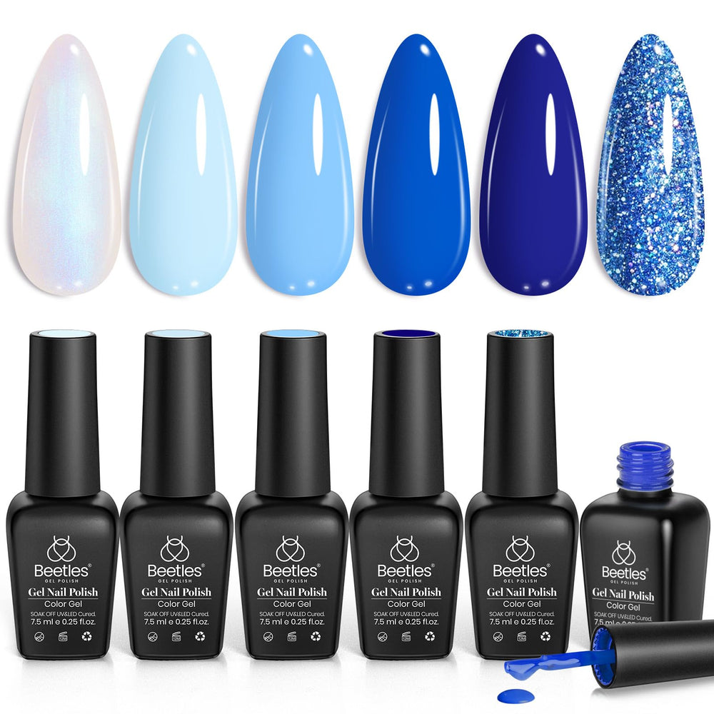 Beetles Aquarius Holy Water bottle close-up showing vivid baby blue shimmer for chic winter nails