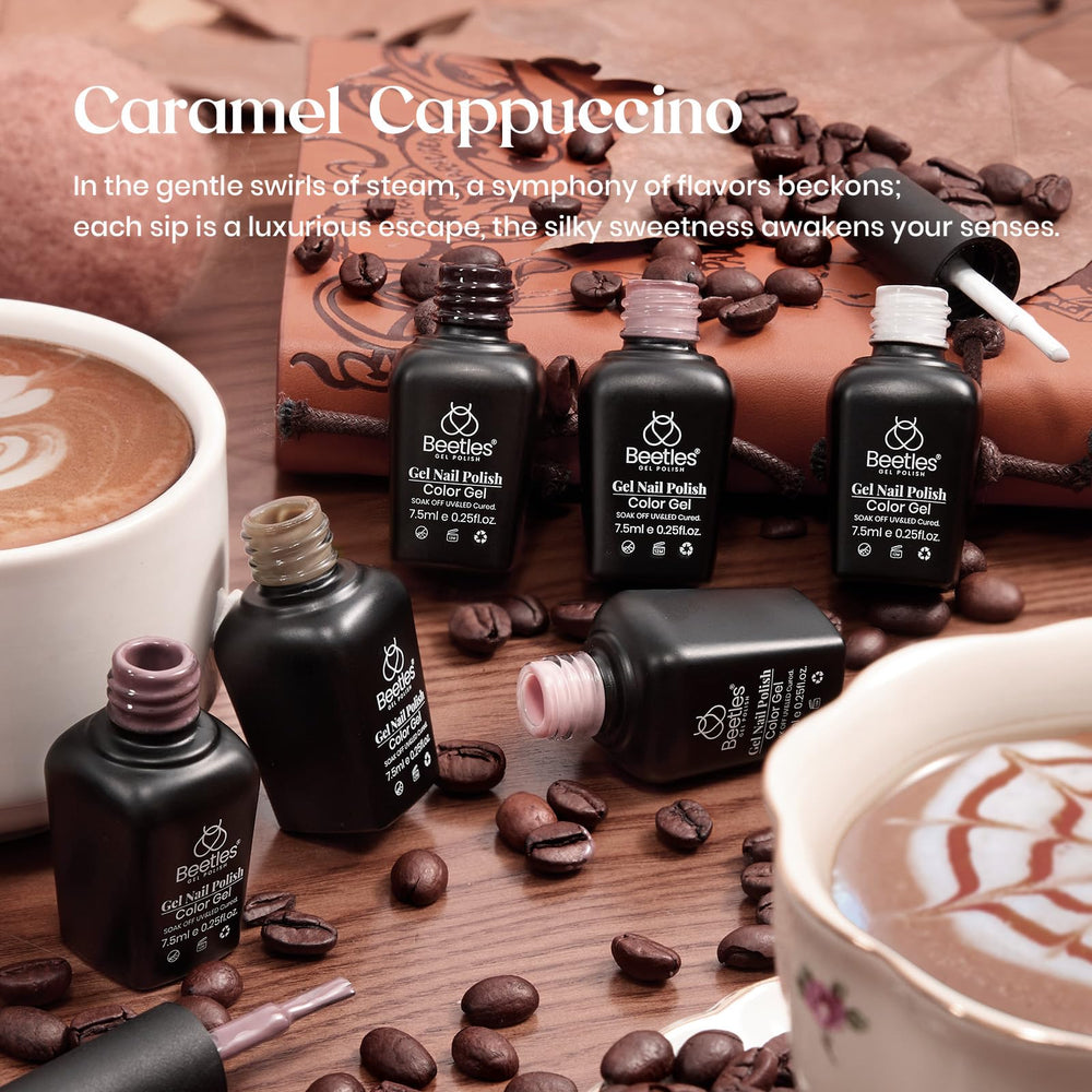 beetles Brown Gel Nail Polish Set cappuccino bottles demonstrate warm, cozy nail color options.