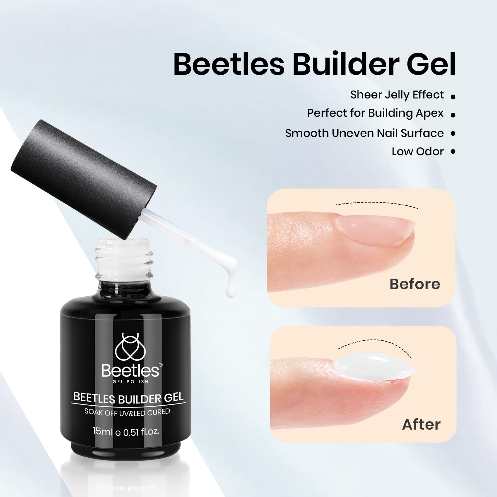 Beetles Builder Gel extension demo showing length, apex shaping, and reinforced nails.