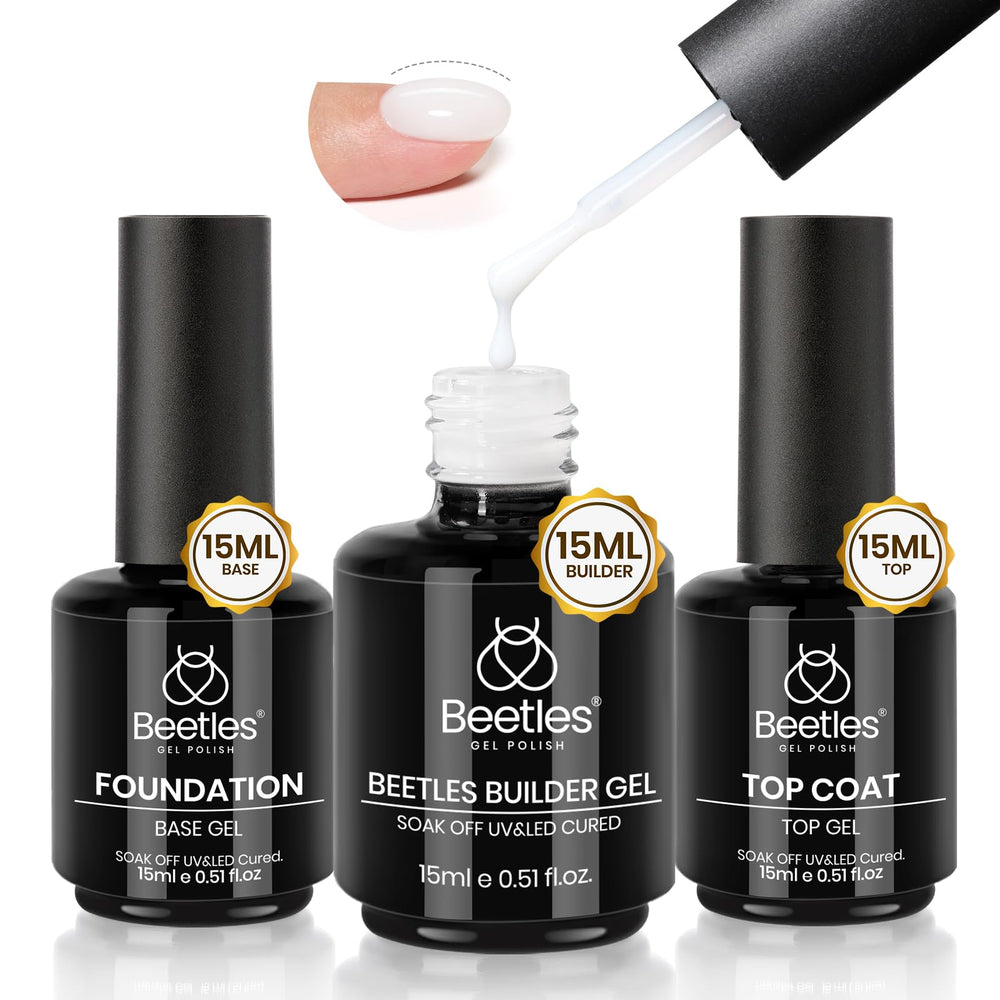 Beetles Builder Gel bottle 15ml shown for durable nail extensions and smooth shaping.