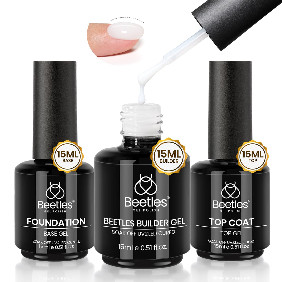 Beetles Builder Gel bottle 15ml shown for durable nail extensions and smooth shaping.