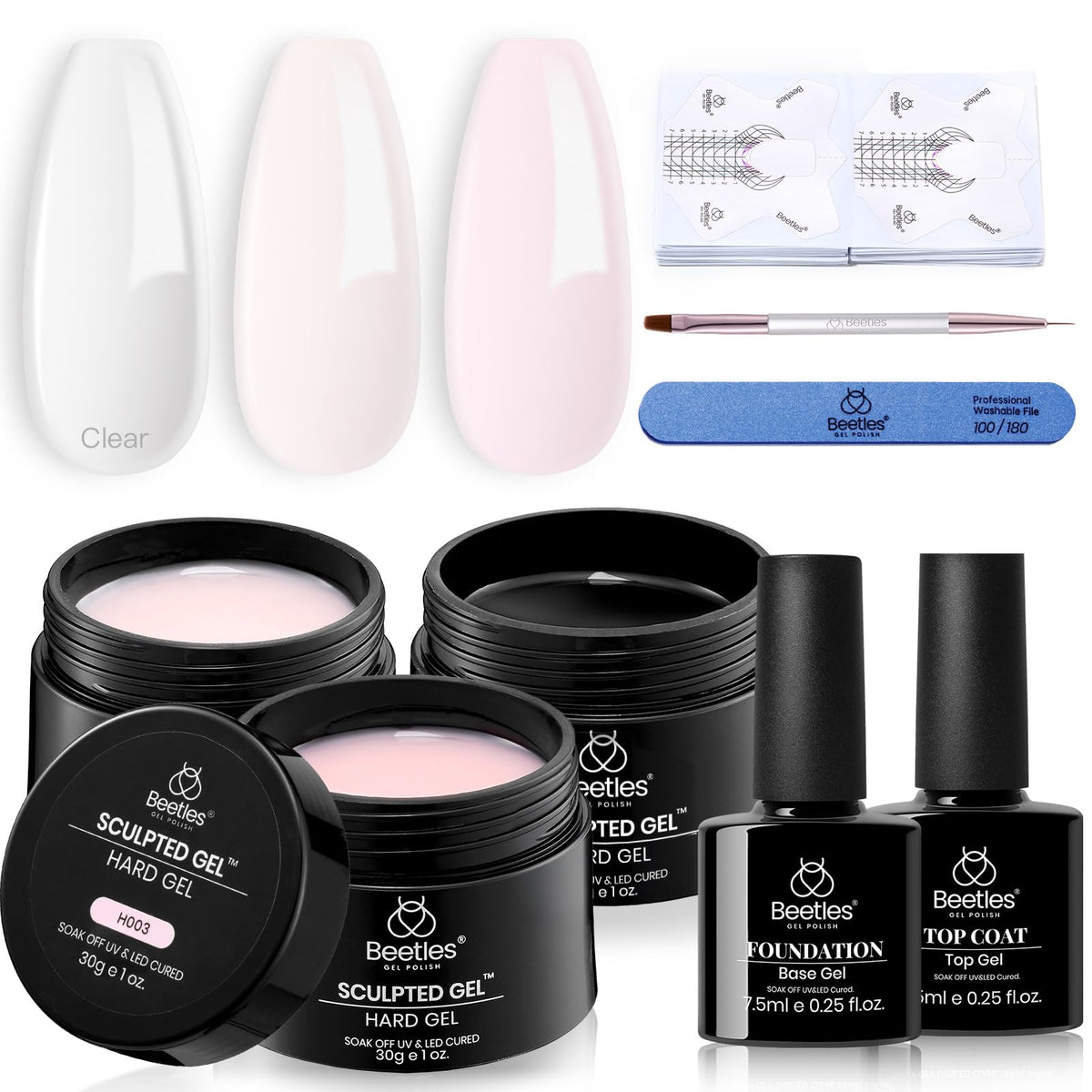 Beetles Builder Gel Kit with three colors for versatile DIY nail extensions.