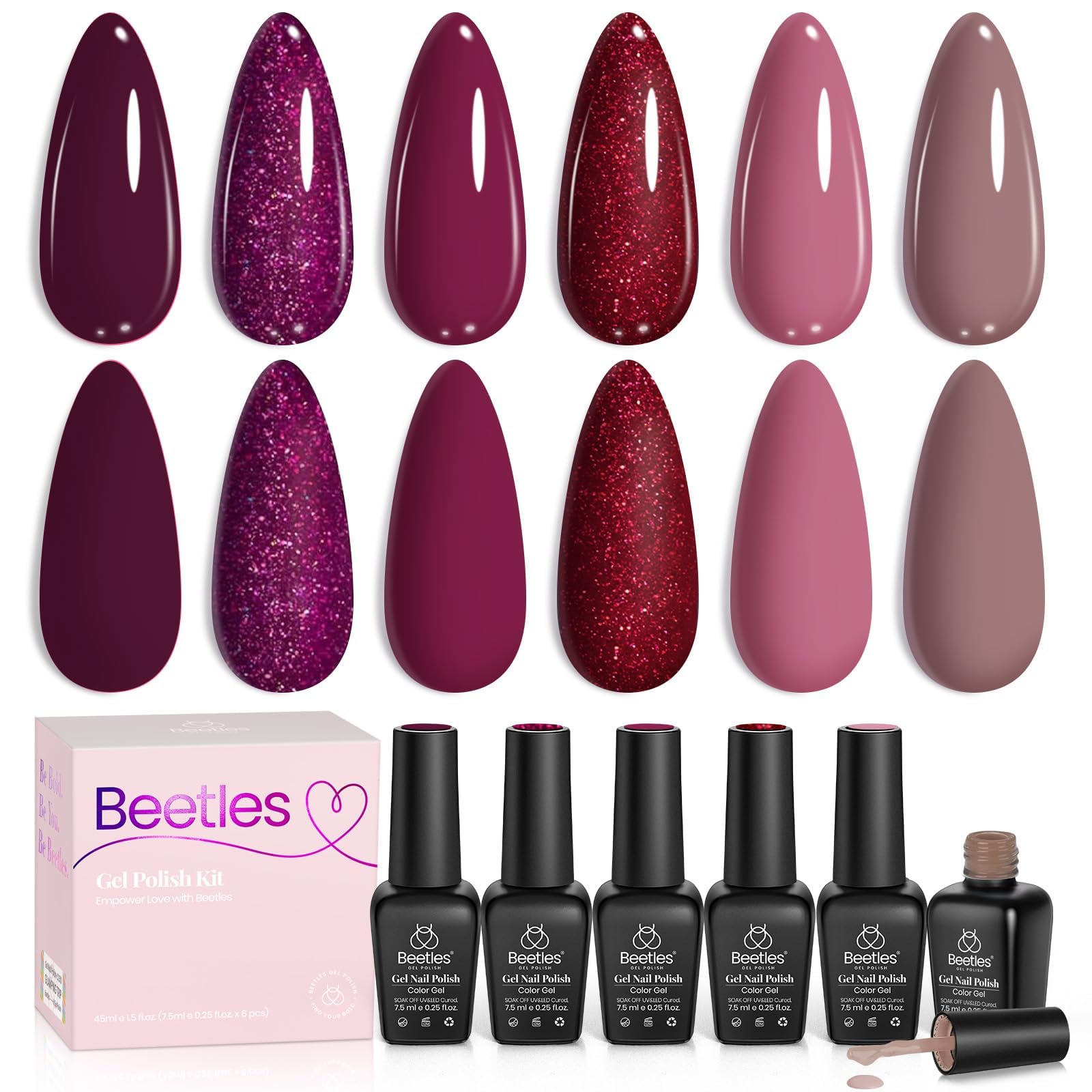 Beetles Burgundy Gel Polish Set swatches show rich berry merlot shades