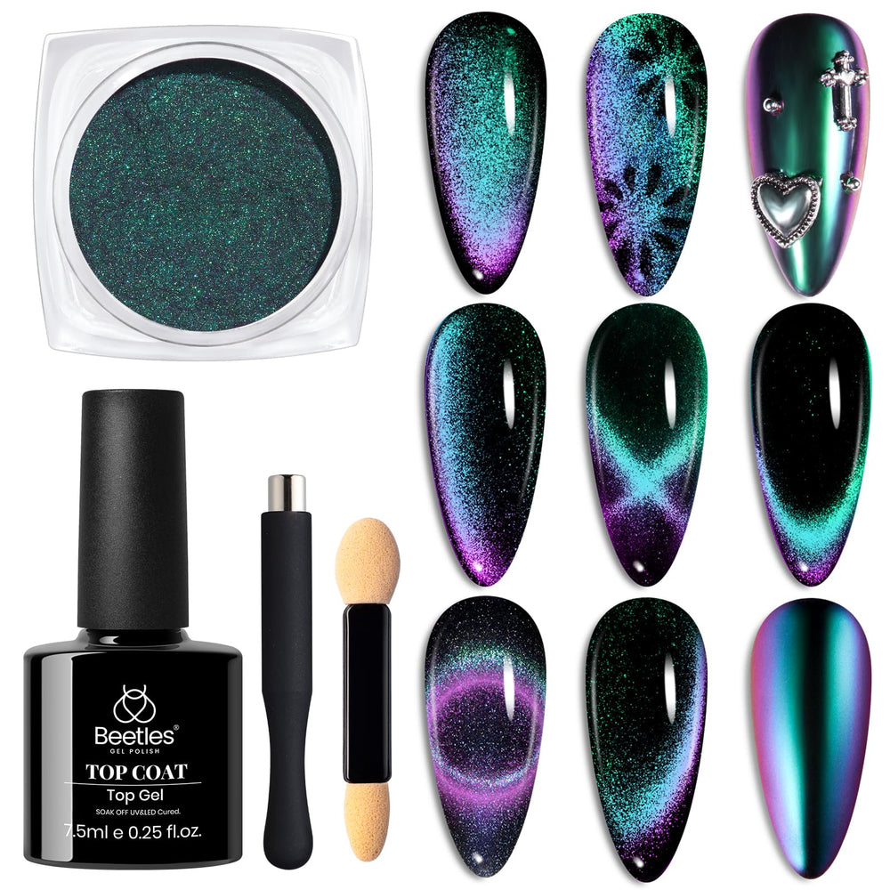 Beetles Cat Eye Chrome Nail Powder Jar with premium metallic teal finish for salon-grade nails