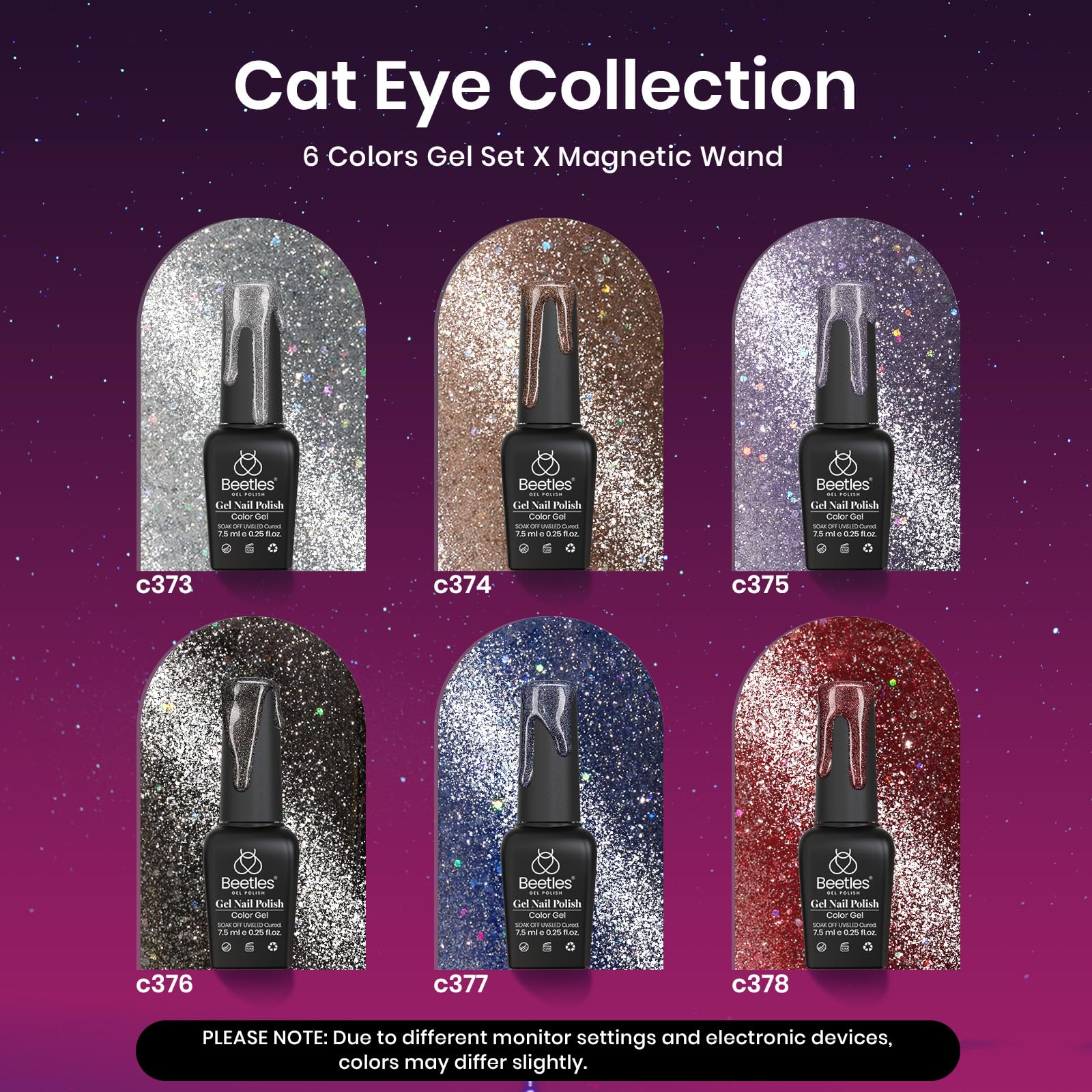 Beetles Cat Eye color swatches display red, purple, blue shades for quick selection.