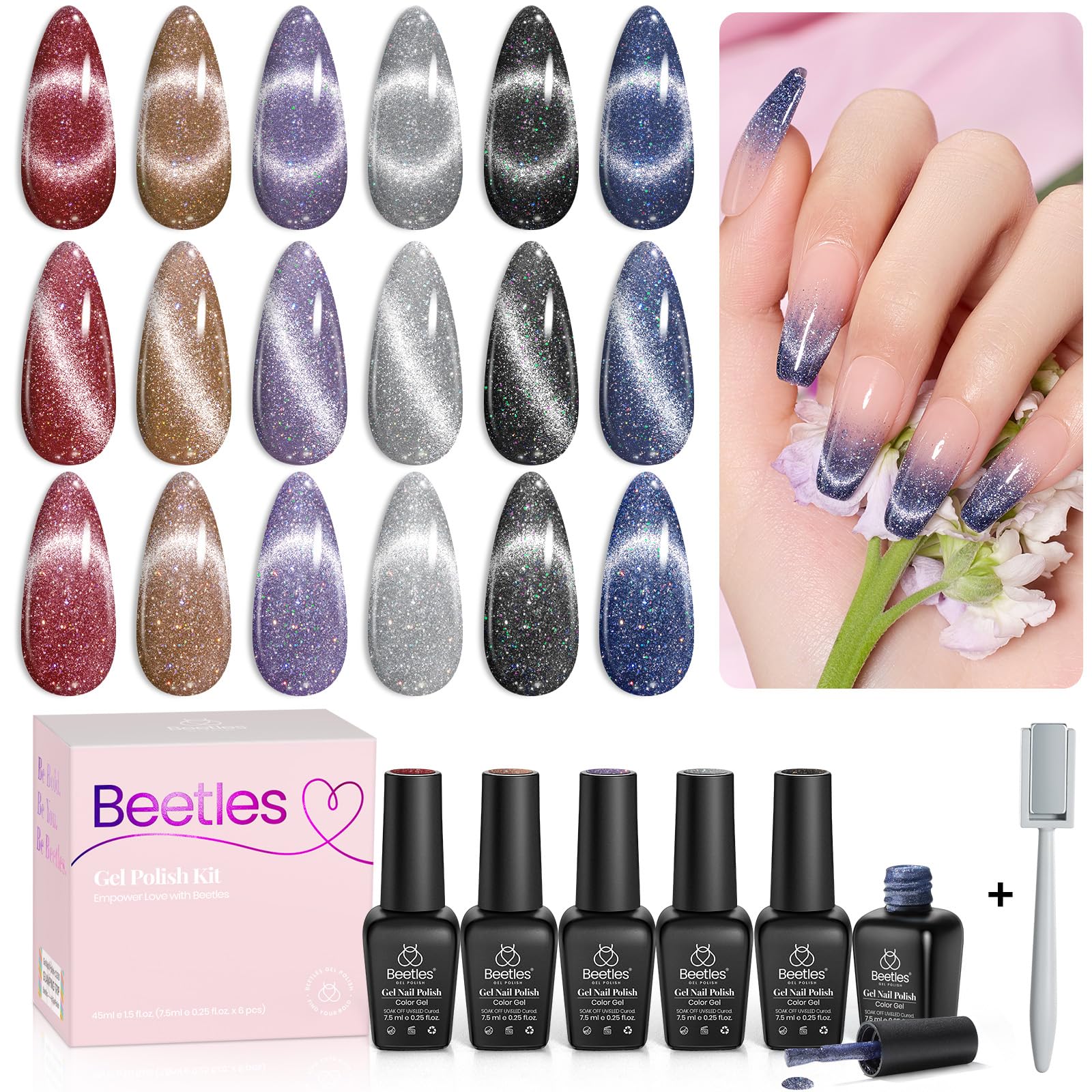 Beetles Cat Eye gel polish set box shows six colors for gifting and DIY manicures.