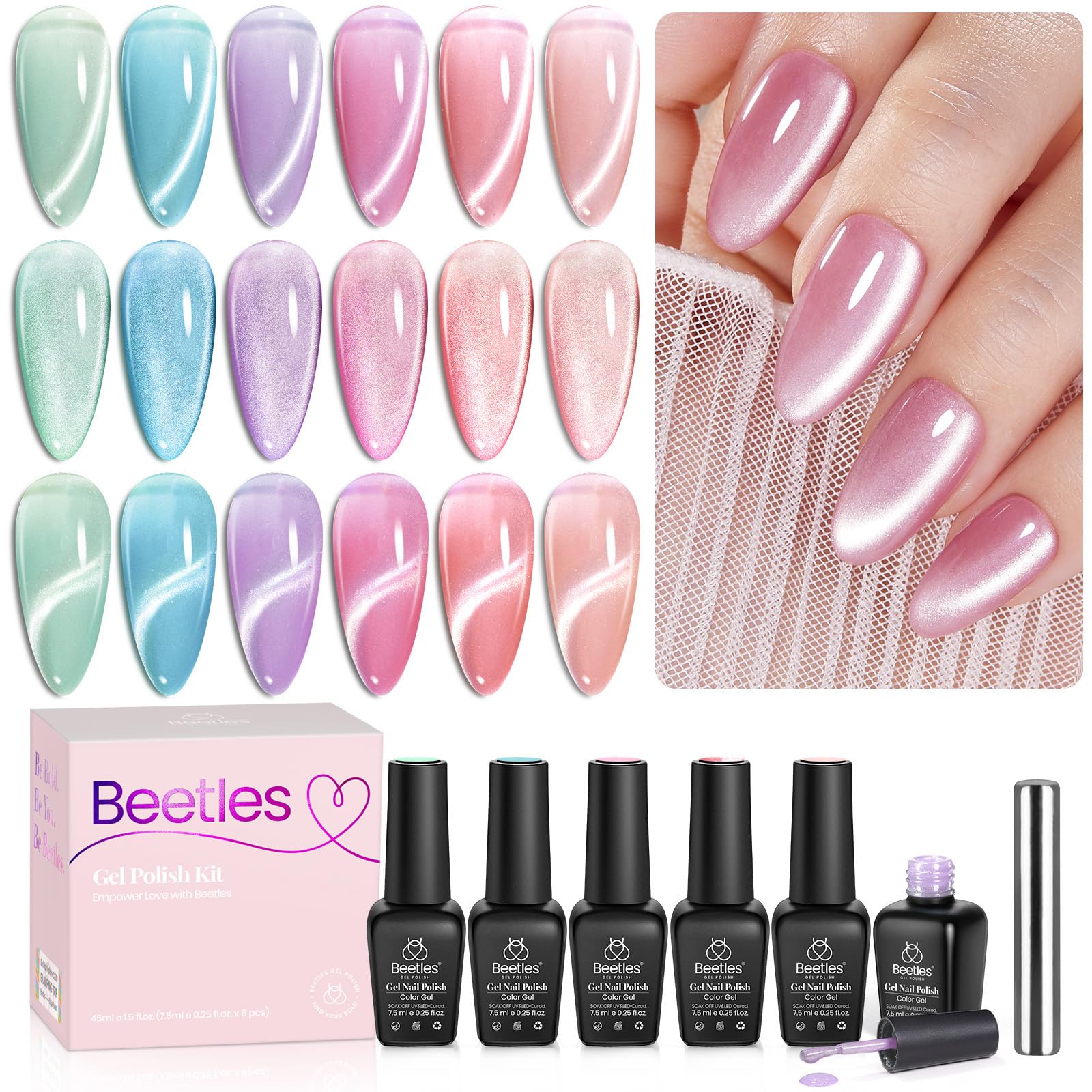 Beetles Cat Eye Gel Nail Polish Set box shows six pastel shimmer colors for summer nails.