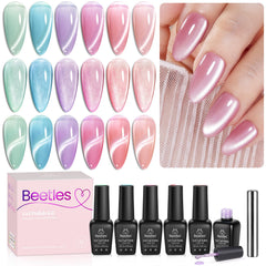 Beetles Cat Eye Gel Nail Polish Set box shows six pastel shimmer colors for summer nails.