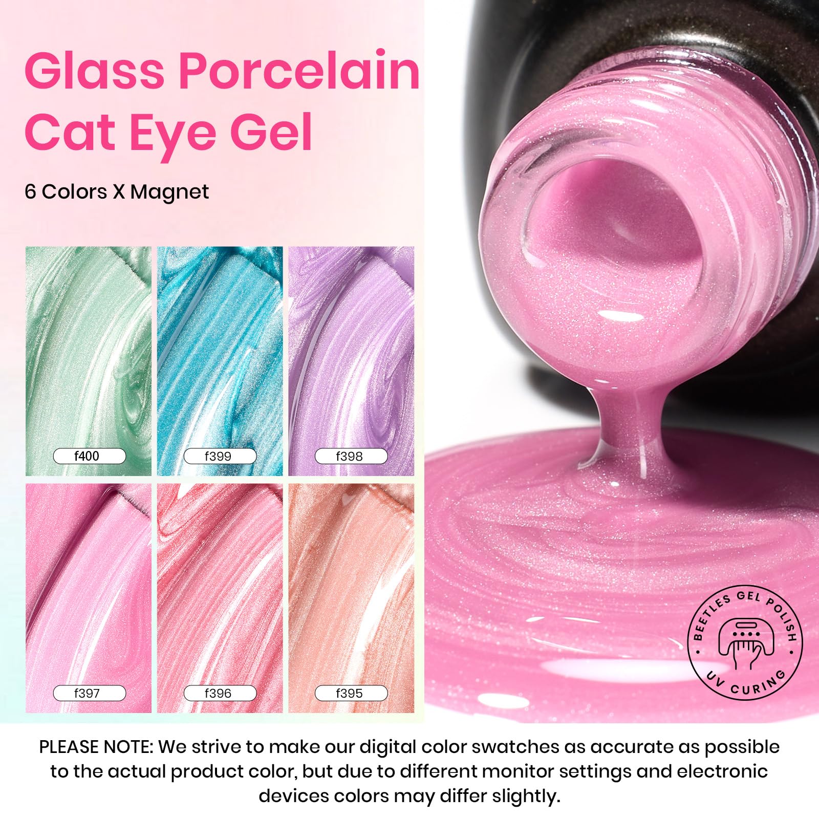 Beetles Cat Eye gel color swatch f396 offers pastel shimmer for everyday nails.