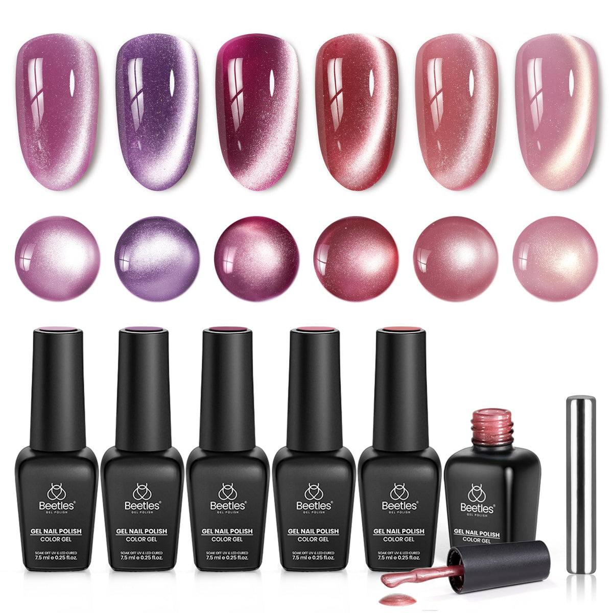Beetles Cat Eye Gel Polish Nail Set in six rose-toned colors offers elegant, long-lasting nails.