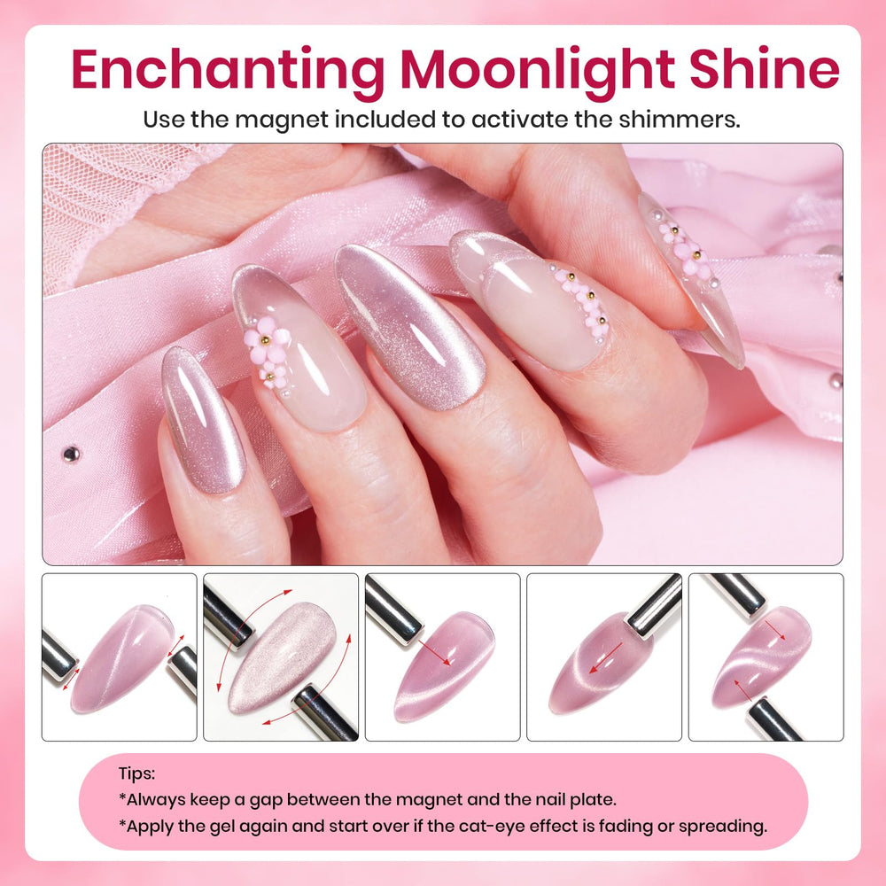 Beetles Cat Eye Gel Polish Pink Soft Glow swatch delivers subtle cat-eye shimmer for day-to-night looks.