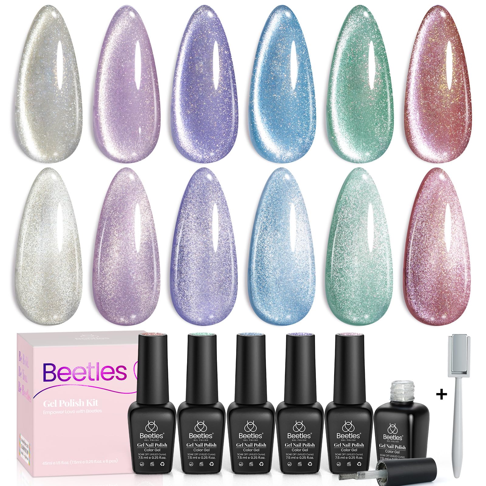 Beetles Cat Eye Gel Polish holographic glitter finish shines under magnet.