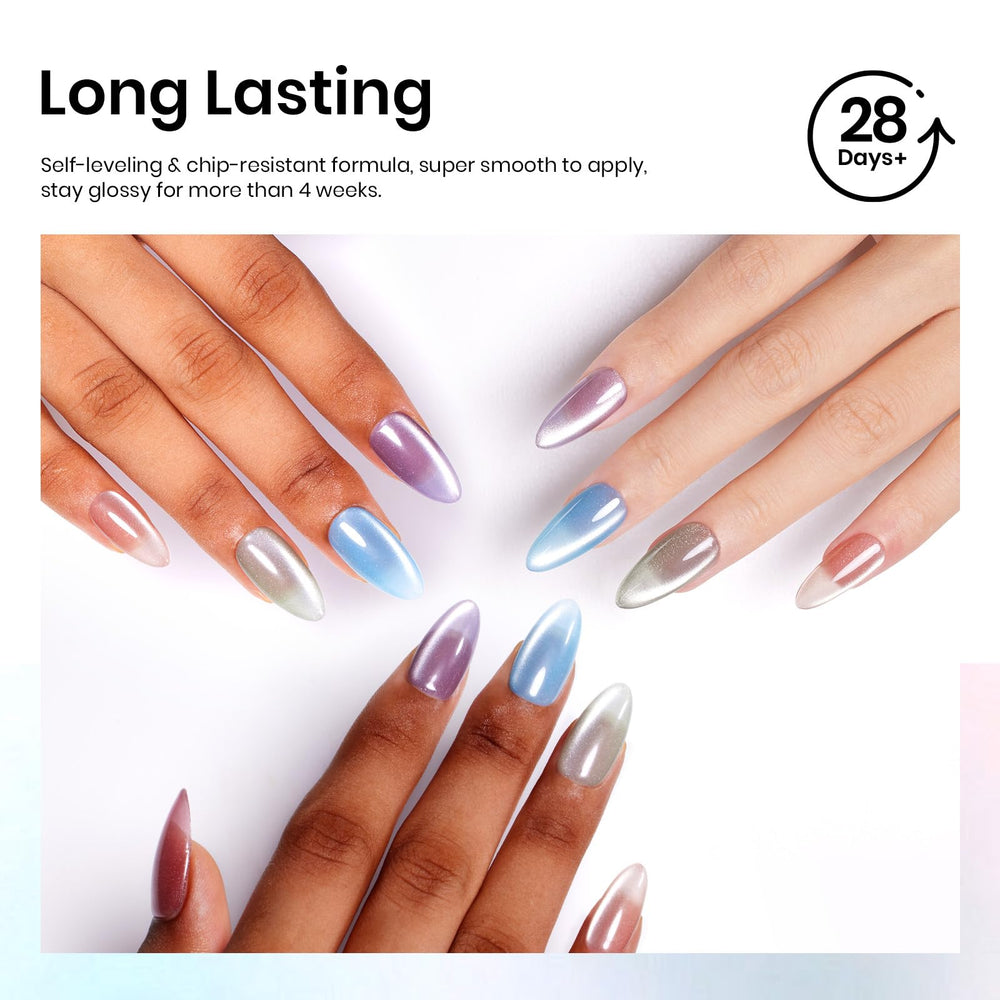Beetles Gel Polish Green Cat Eye shade on nails for fresh spring vibe.