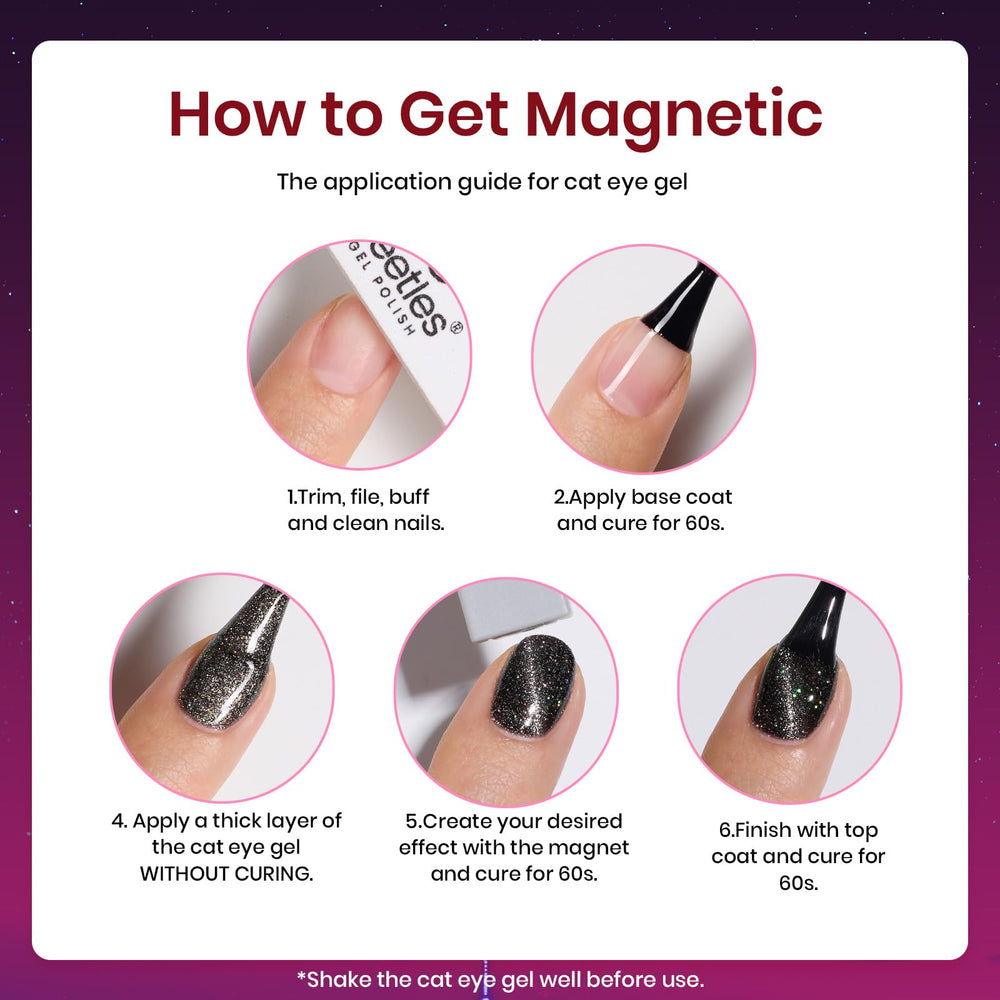 Beetles Cat Eye metallic glitter finish on nails with high shine.