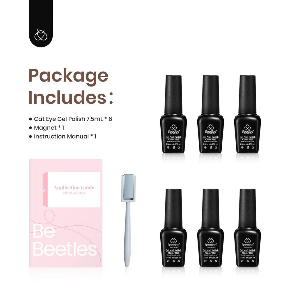 Beetles Cat Eye nail art ideas using the six-color set.