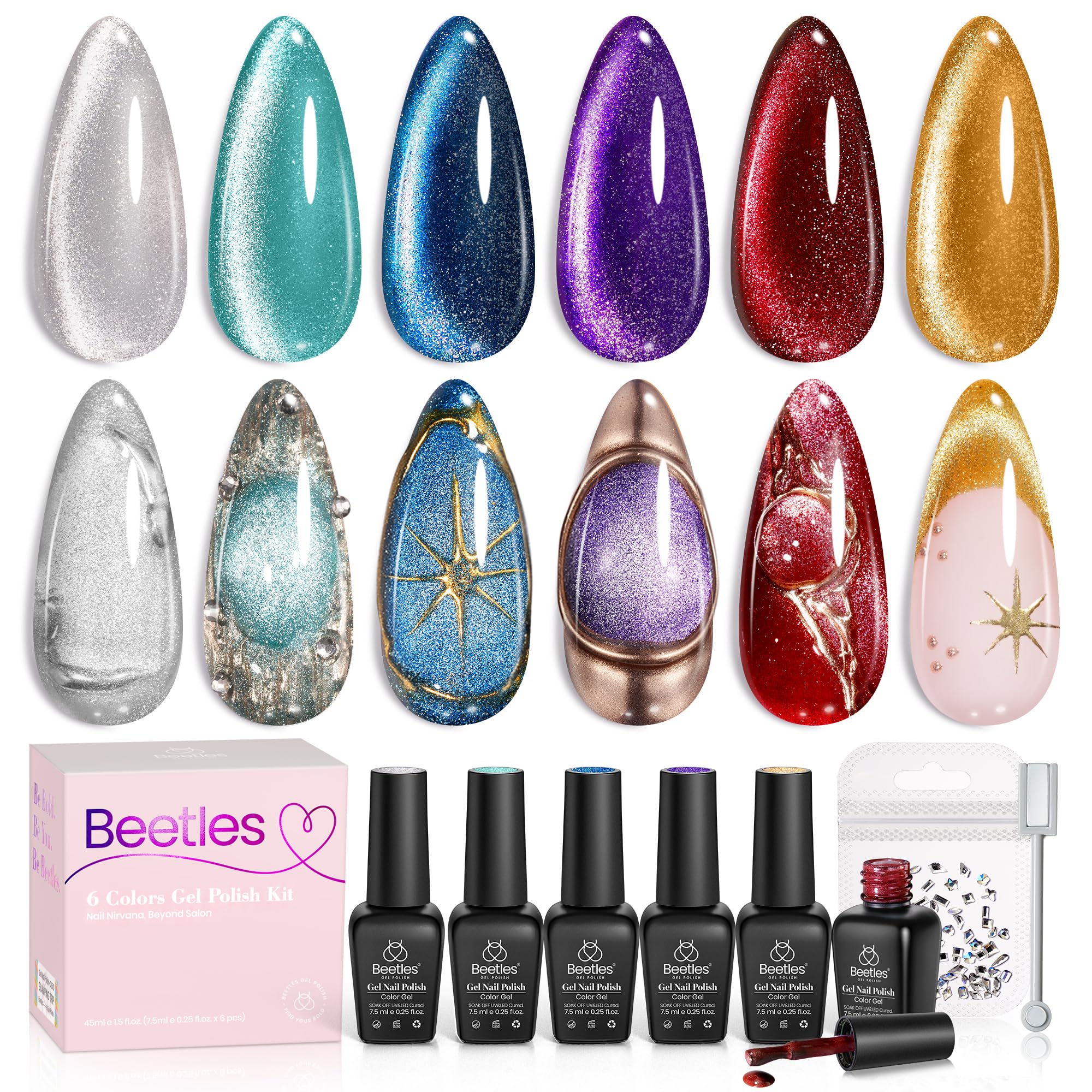 Beetles Cat Eye Gel Polish kit bottles show six vibrant colors for stylish nails.