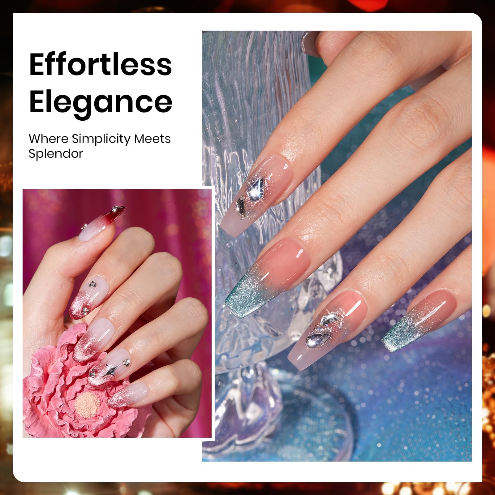 Beetles Cat Eye gel polish rhinestone pack adds subtle sparkle for glam looks.