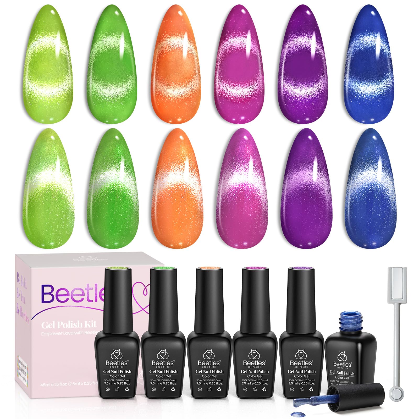 Beetles Cat Eye Gel Nail Polish Set in six neon colors with magnetic effect