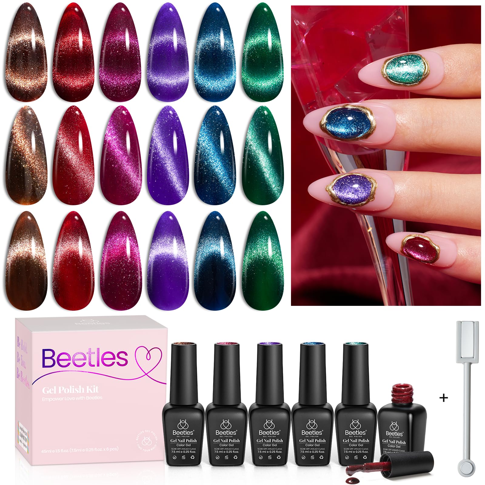 Beetles Cat Eye Red gel polish with magnetic shimmer for festive nails
