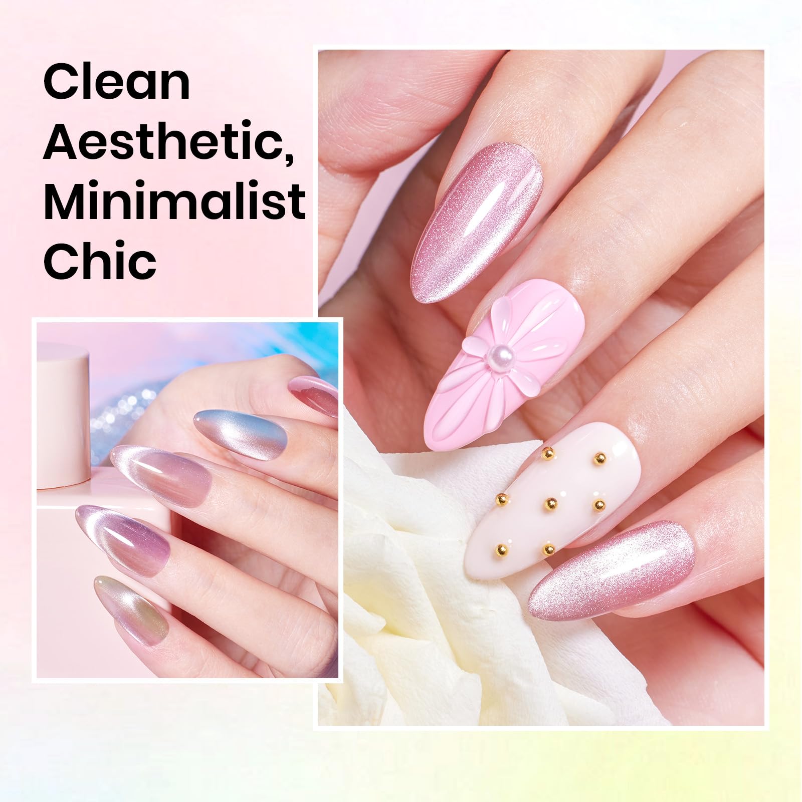 Beetles Gel Polish Cat Eye swatch board shows jelly pastels for soft manicures.