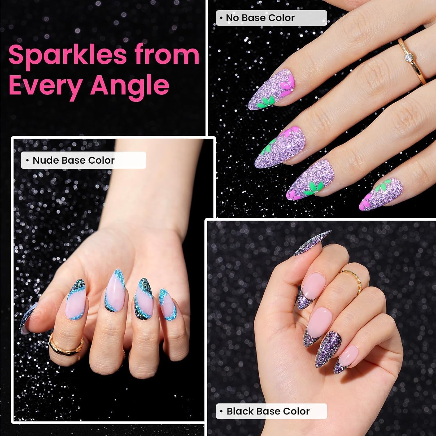 Beetles Chameleon blue glitter gel polish on swatch nail under lamp for shine test