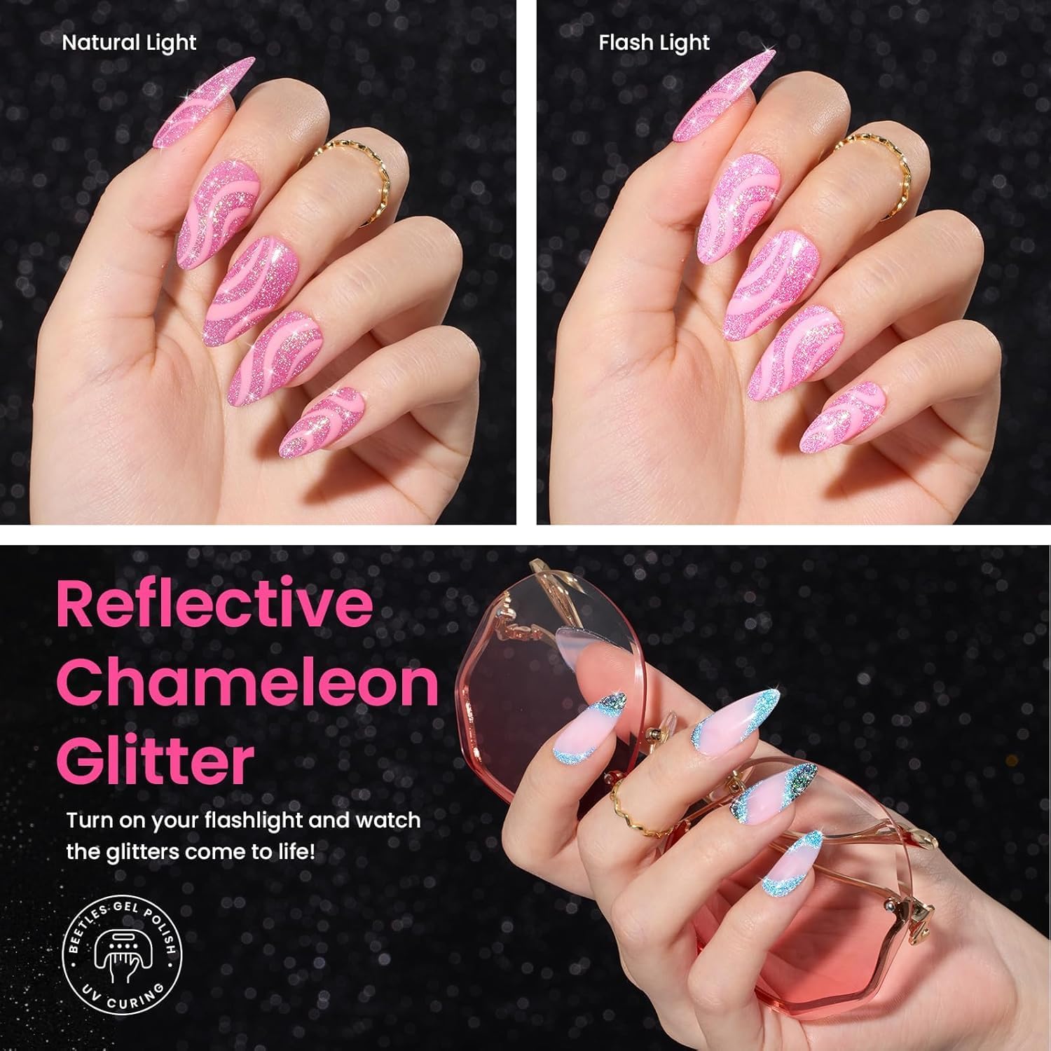Beetles Chameleon purple shade on nail shows color-shift sparkle for glam accents