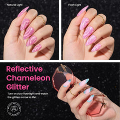 Beetles Chameleon purple shade on nail shows color-shift sparkle for glam accents