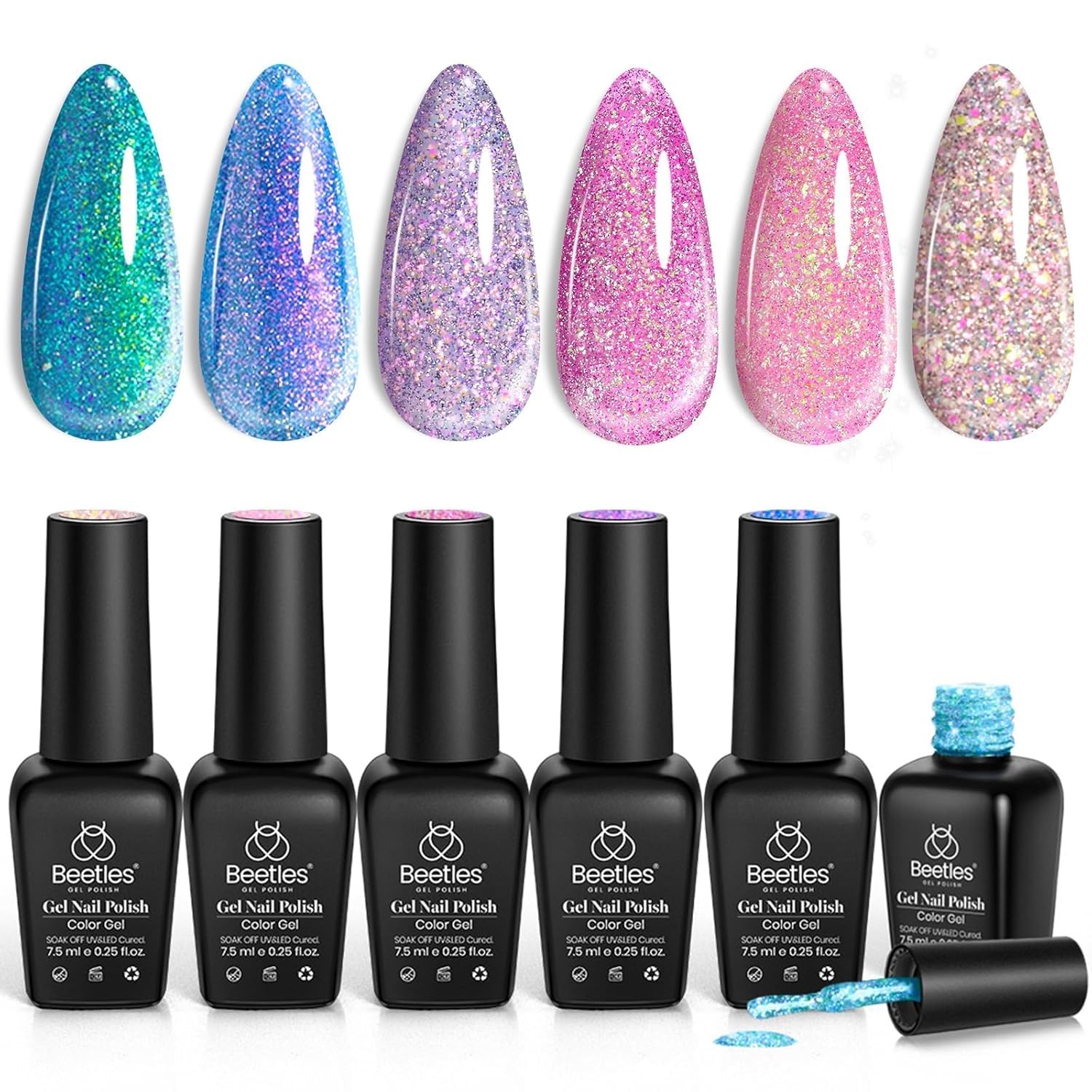 Beetles Chameleon gel polish swatches display six shimmering colors for versatile manicures