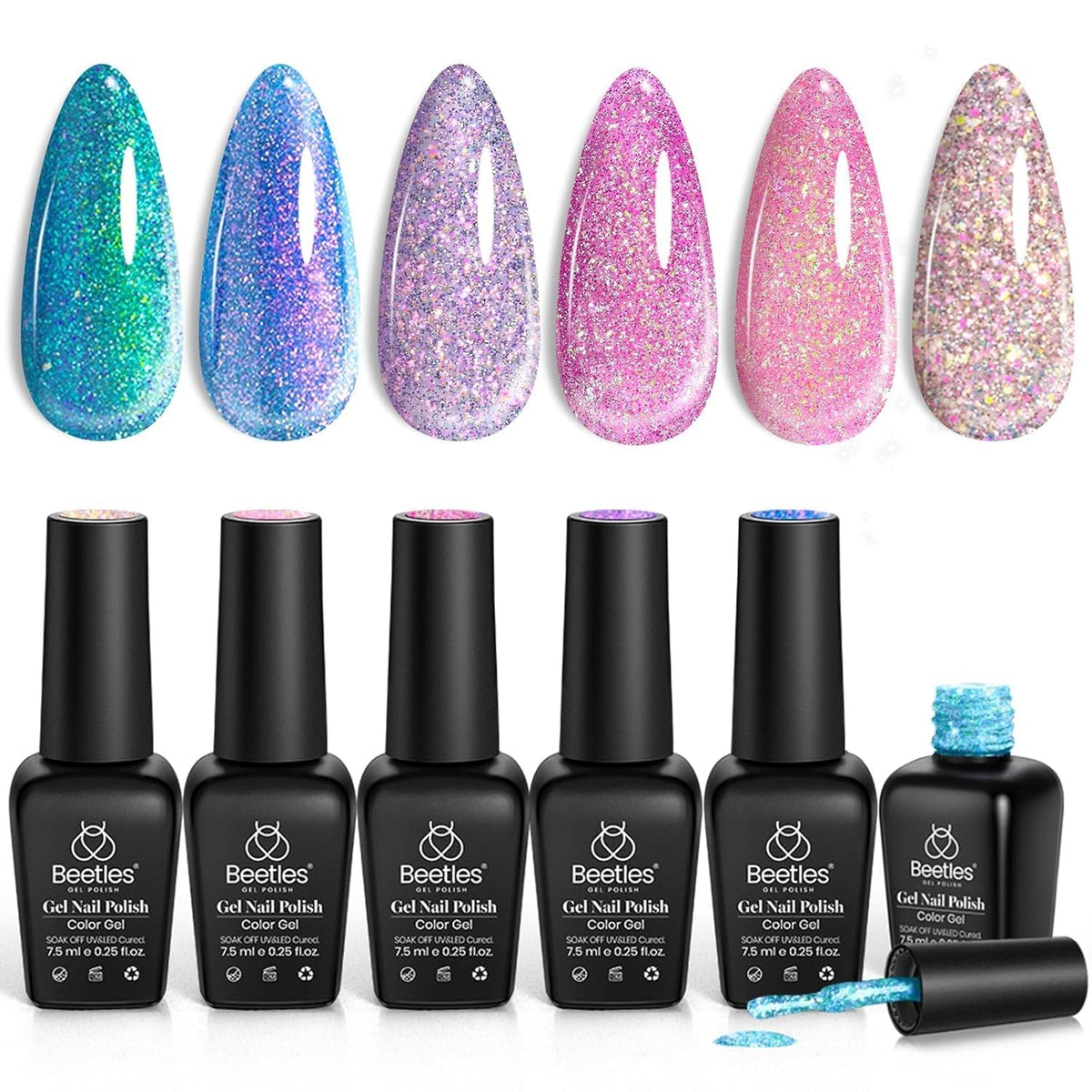 Beetles Chameleon gel polish swatches display six shimmering colors for versatile manicures