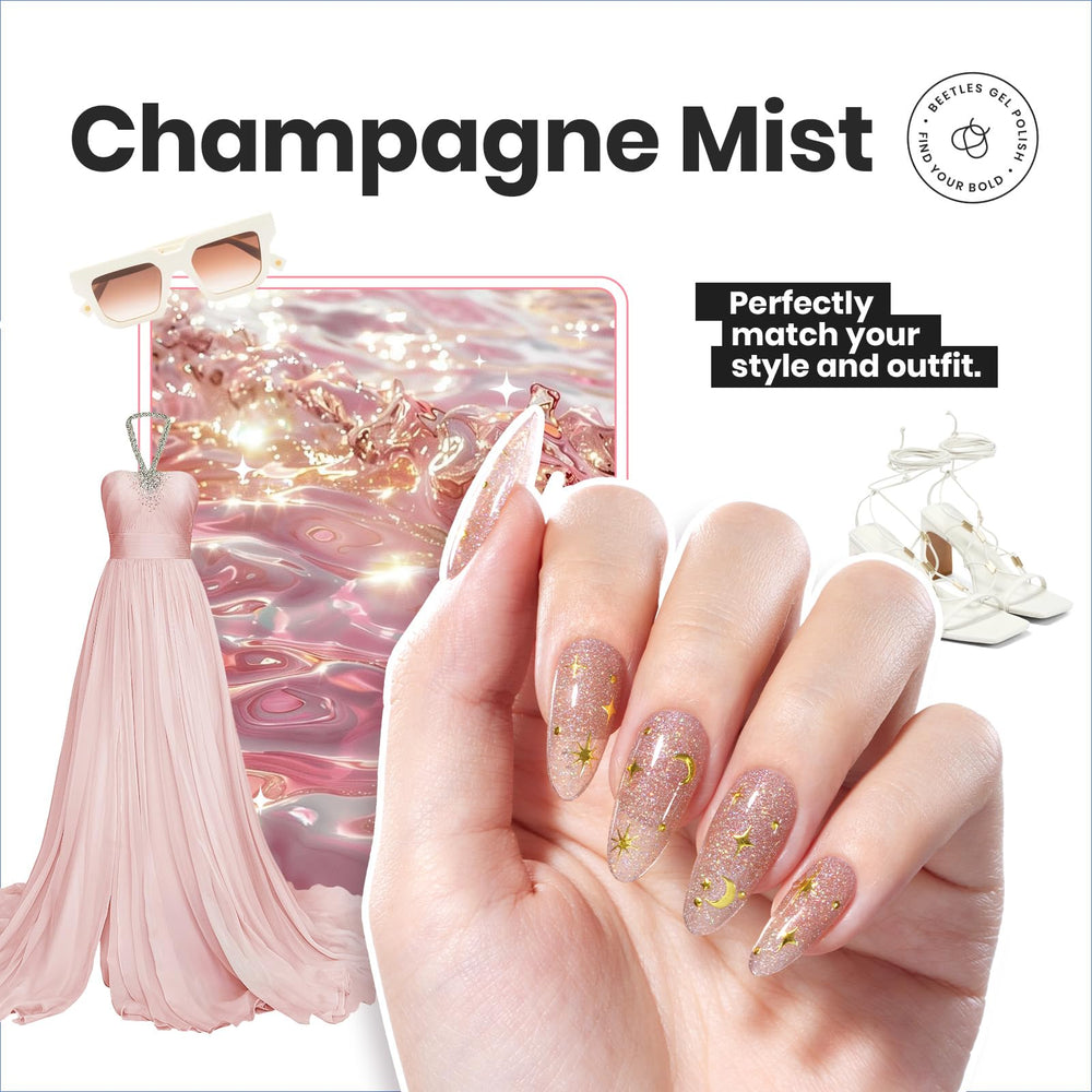 Beetles Champagne Mist nude closeup highlights shimmer tones for chic nails.