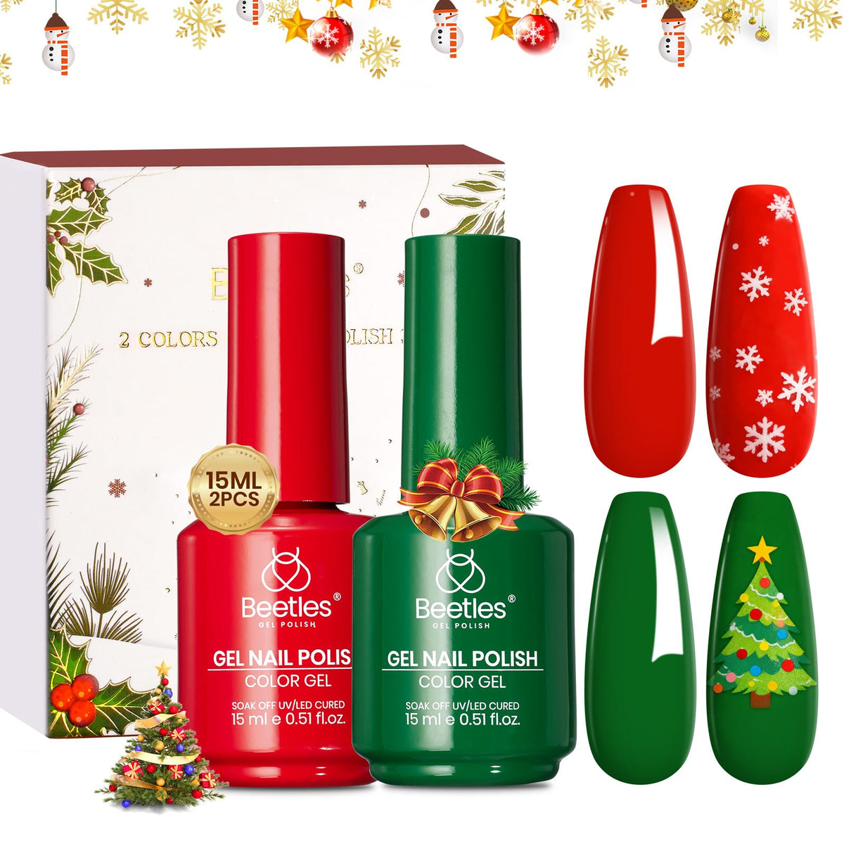 Beetles Christmas gel nail polish set red and green bottles for festive nails and easy home manicure
