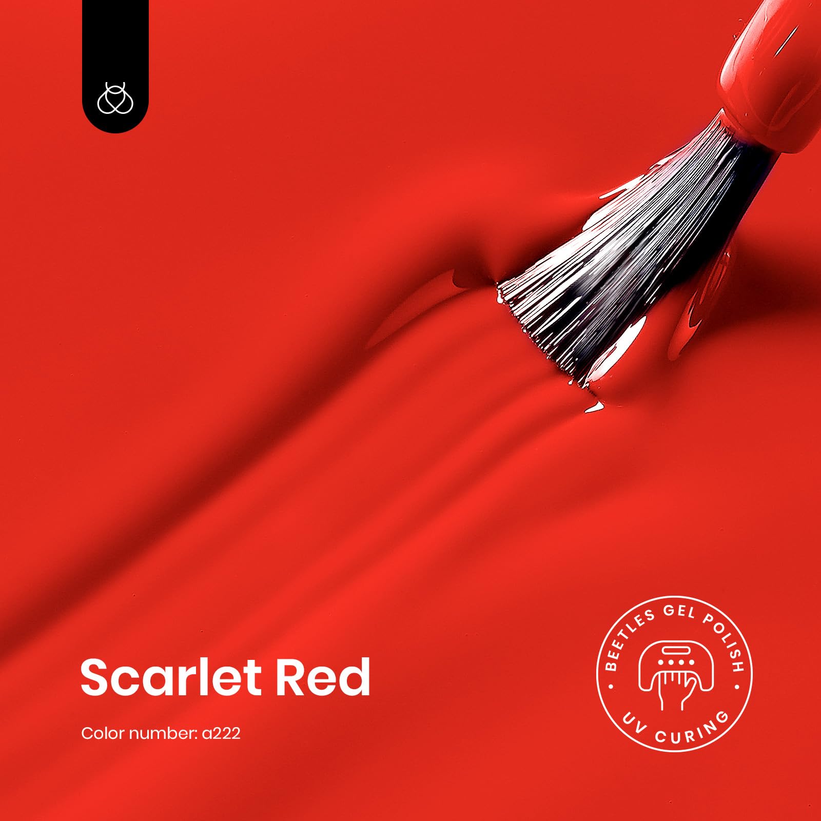 Beetles Christmas Red gel polish cap close-up shows rich color for precise application.