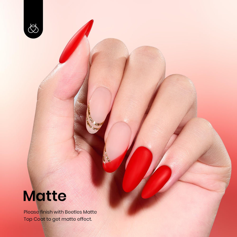Beetles Christmas Red gel polish under LED cure shows quick, user-friendly results.