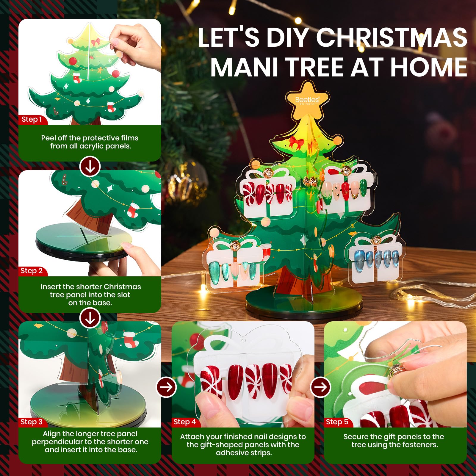 Beetles Christmas tree display stand rotating for easy viewing.