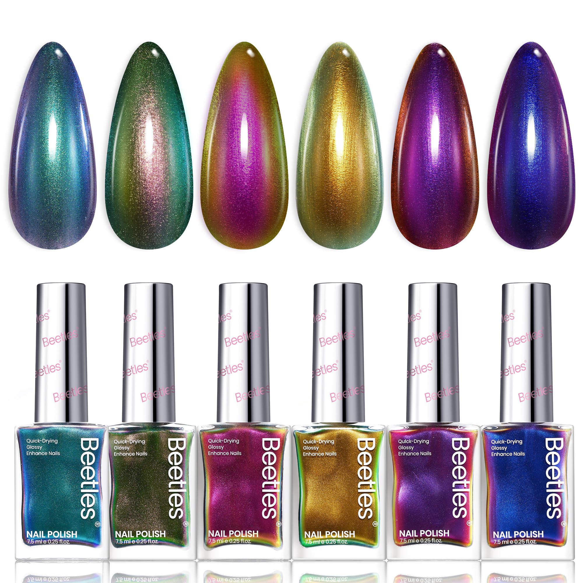 Beetles Chrome Nail Polish Set bottle closeup shows six colors for quick, glossy looks